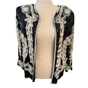Vintage Black And White Beaded and Sequined Lined Silk Evening Jacket sz L